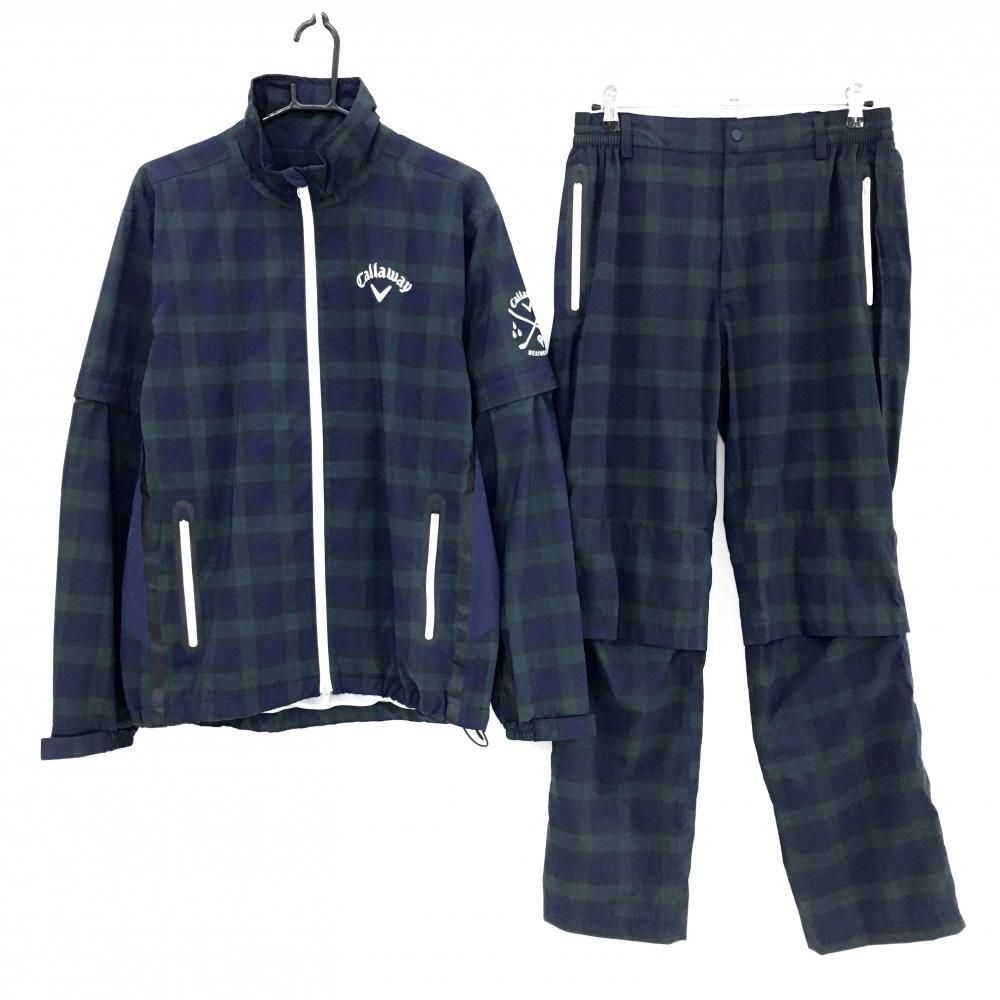 【超美品】キャロウェイ レインウェア上下セット(2WAYブルゾン×パンツ) ネイビー×グリーン チェック メンズ L ゴルフウェア Callaway