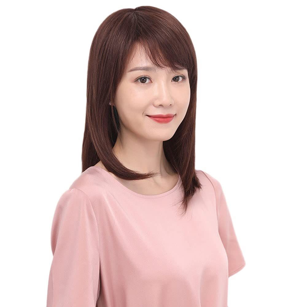 商品 かわいい姫様 人毛ウィッグ セミロング つむじ手植え ストレート 斜め前髪 女性用かつら ミディアム おしゃれ レディース 小顔 通気 自然 wig ブラウン