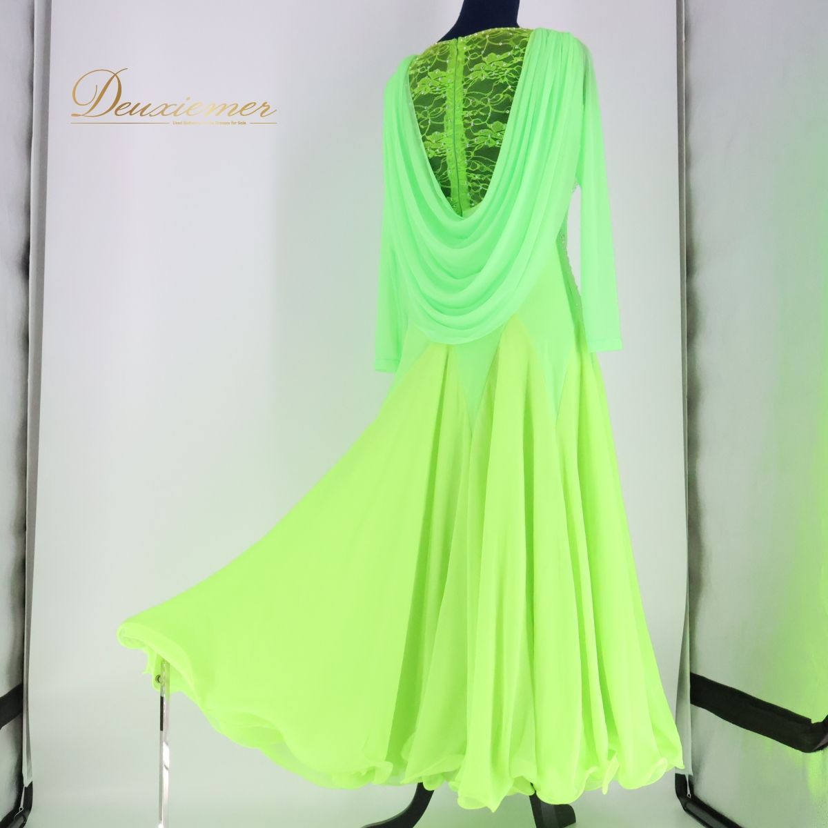 【日本製 社交ダンス衣装】グリーン サンヨシムラ ワンピース ドレス 緑 蛍光 65714limegreen3.jpg