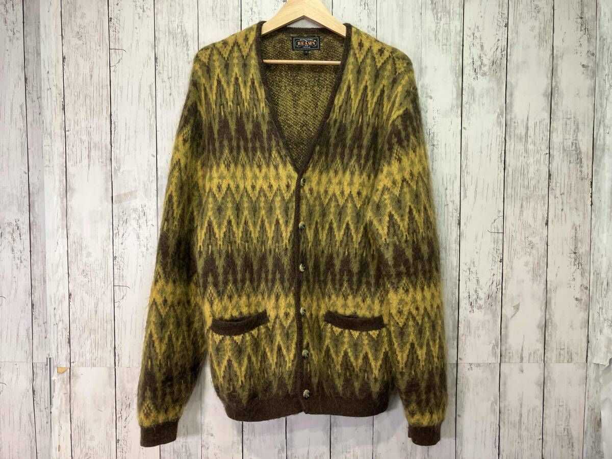 BEAMS ビームス Cardigan カーディガンDouble Jacquard ダブルジャカード Chevron Pattern シェブロン パターン ブラウン イエロー サイズL