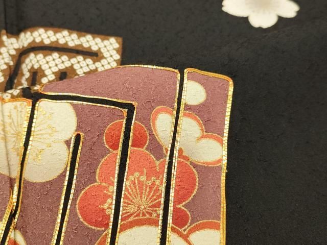 平和屋着物○訪問着 駒刺繍 源氏香 舞花文 黒地 金彩 正絹 逸品 未使用