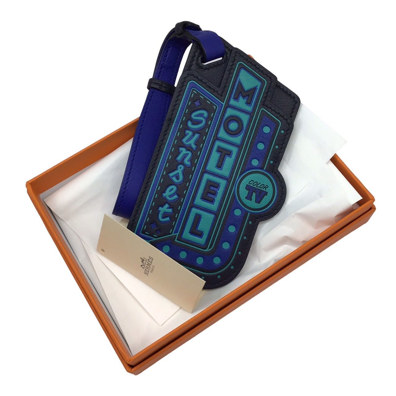新品 エルメス MOTEL sunset レザー ブルー シルバー金具 ネーム HERMES エルメス アドレスタグ MOTEL sunset C刻印 2018年