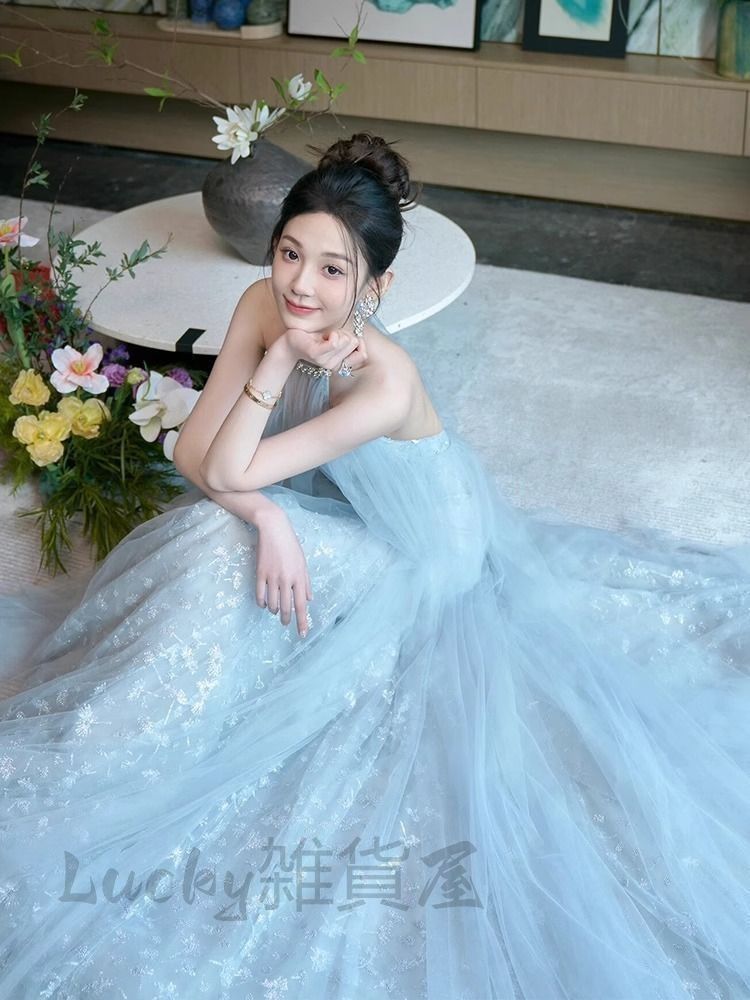 送料無料】カラードレス プリンセスライン ライトブルー フリル