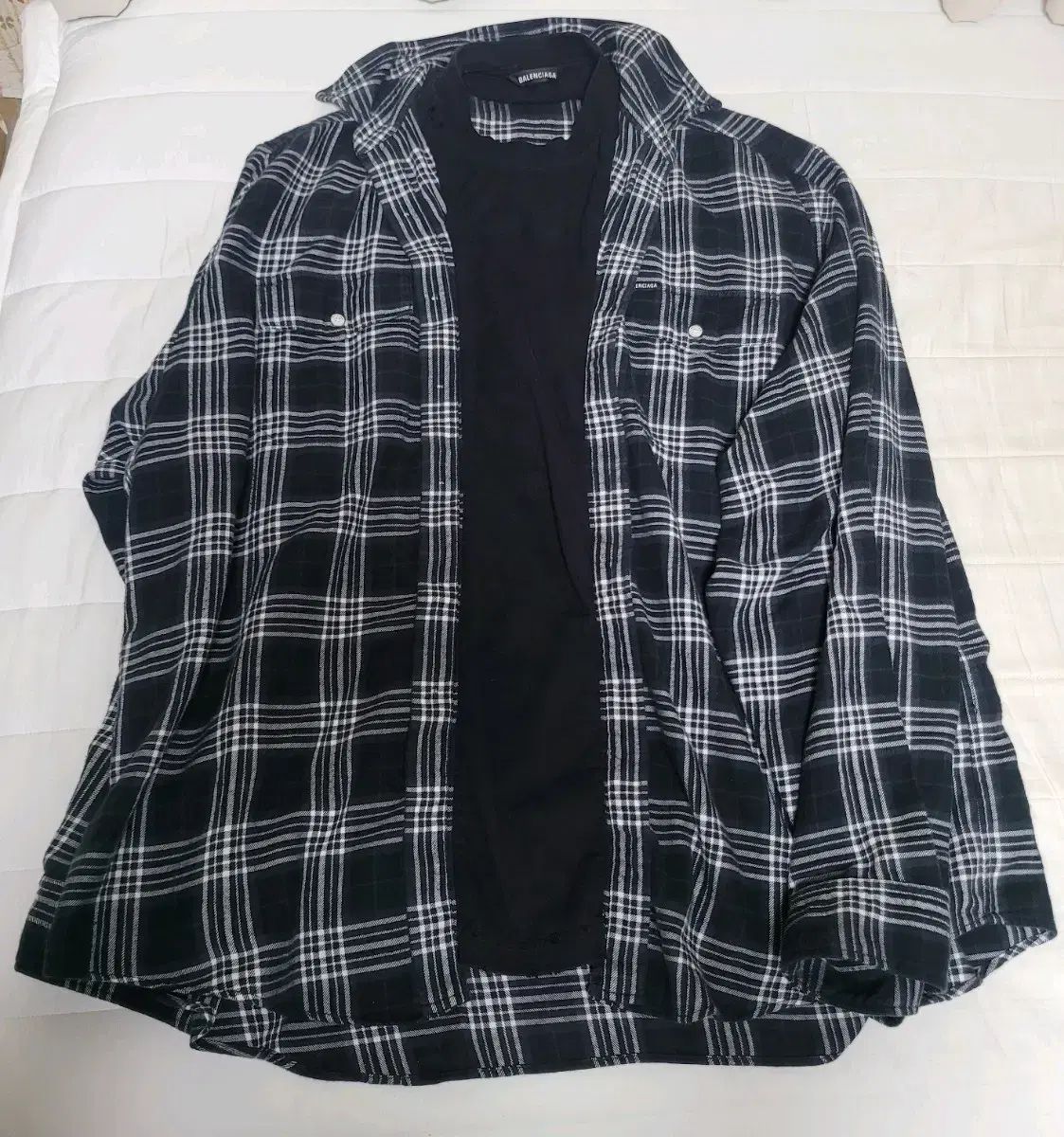 BALENCIAGA バレンシアガ トロンプルイユ チェック シャツ フランネル 黒 ロゴ オーバ ディス ロング 長袖 ティー