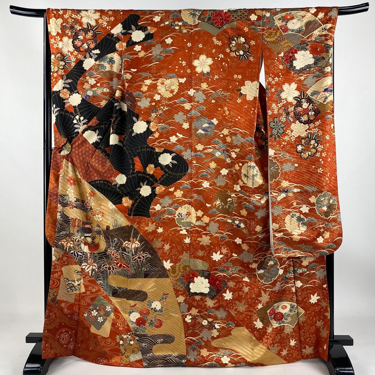 振袖 身丈168.5cm 裄丈68cm L 袷 落款 鴛鴦 菖蒲 金糸 金彩 赤茶 正絹 秀品