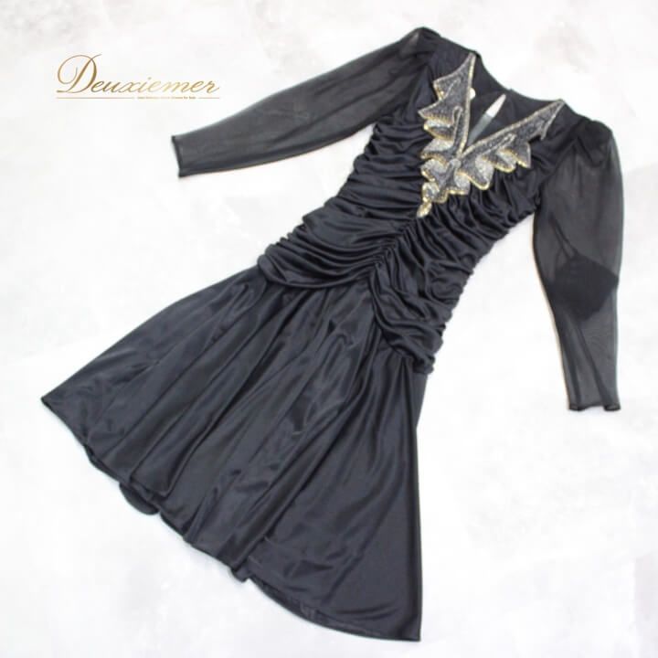 社交ダンス 衣装 ドレス ワンピース レッスンウェア レディース オールシーズン ブラック系 Ally Kent 黒 長袖 ビジュー レース 透け感 エレガント ダンスウェア フィット感 セクシー ボディライン プロフェッショナル シンプル LLC-HASEGAWATOSO_COM