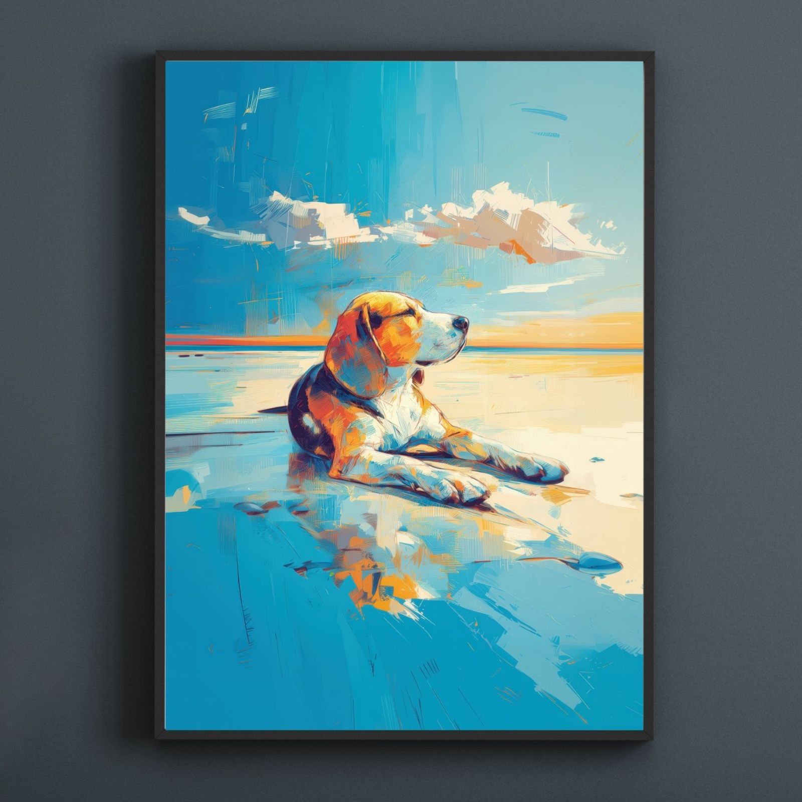 ビーグル犬とビーチのスケッチ No.3 海 犬の絵 犬のイラスト おしゃれ ミニマリスト ミニマリズム シンプル インテリアアート ペットロス うちの子 記念日 アートポスター ギフト プレゼント