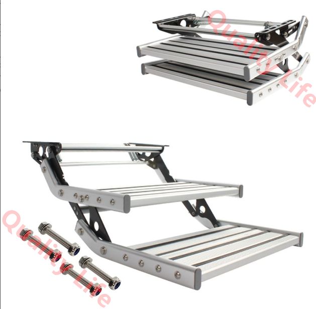 手動 RV ステップ キャンピングカーステップ キャンピングカー階段 12V LED ライト付き 耐荷重150KG アルミ合金折りたたみステップ 滑り止め設計 ダブルステップ 旅行用トレーラー キャンピングカー 移動住宅 モーターホームに最適 折りたたみ式