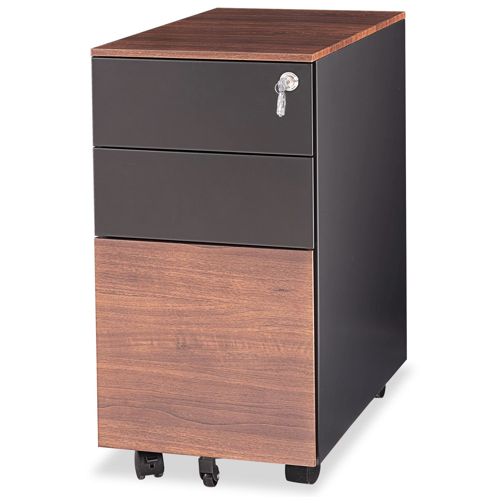 完成品 Fenge デスクワゴン スチール製 オフィスワゴン サイドワゴンキャビネット 袖机 キャスター付き 鍵付き 3段オールロック 大容量 A4対応FC303001MB