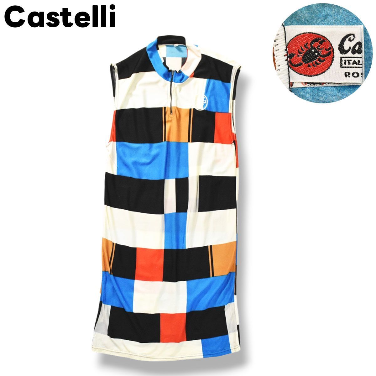 上質 イタリア製 カステリ Castelli サイクル ノースリーブ ワンピース M ブロックチェック柄 マルチカラー レディース ♪