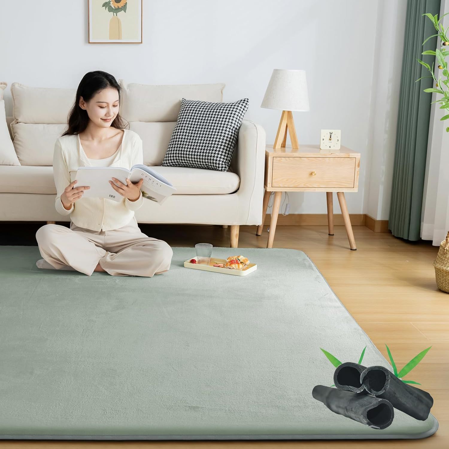Softime カーペット ラグ 極厚25mm ラグマット防音 厚手 竹炭消臭 185×185cm 約2畳 絨毯 滑り止め付 防ダニ 抗菌 防臭 地毯 高反発 オールシーズン快適 床暖房 ホットカーペット対応 こたつ敷きマ