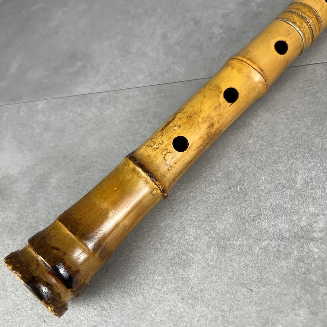尺八　琴古流　バチ型　銘あり　龍栄　2印　銀三線　1尺9寸　5孔　和楽器 尺八 琴古流 バチ型 銘あり 龍栄 2印 銀三線 1尺8