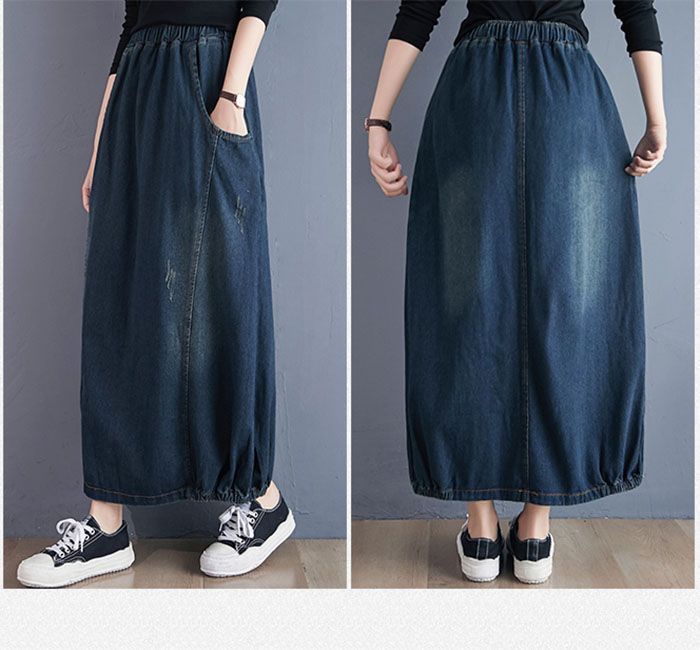 デニムスカート レディース 春秋 ロング丈 バルーンスカート ロングスカート デニム ランタンスカート マキシ丈スカート ボトムス ユーズド加工 無地 バルーン 美脚 ウェストゴム カジュアル おしゃれ 体型カバー 春 秋 冬 zJDY564