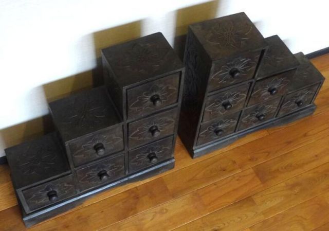 割引 《アジアン家具》木製階段チェスト/アンティーク調〜左右2体