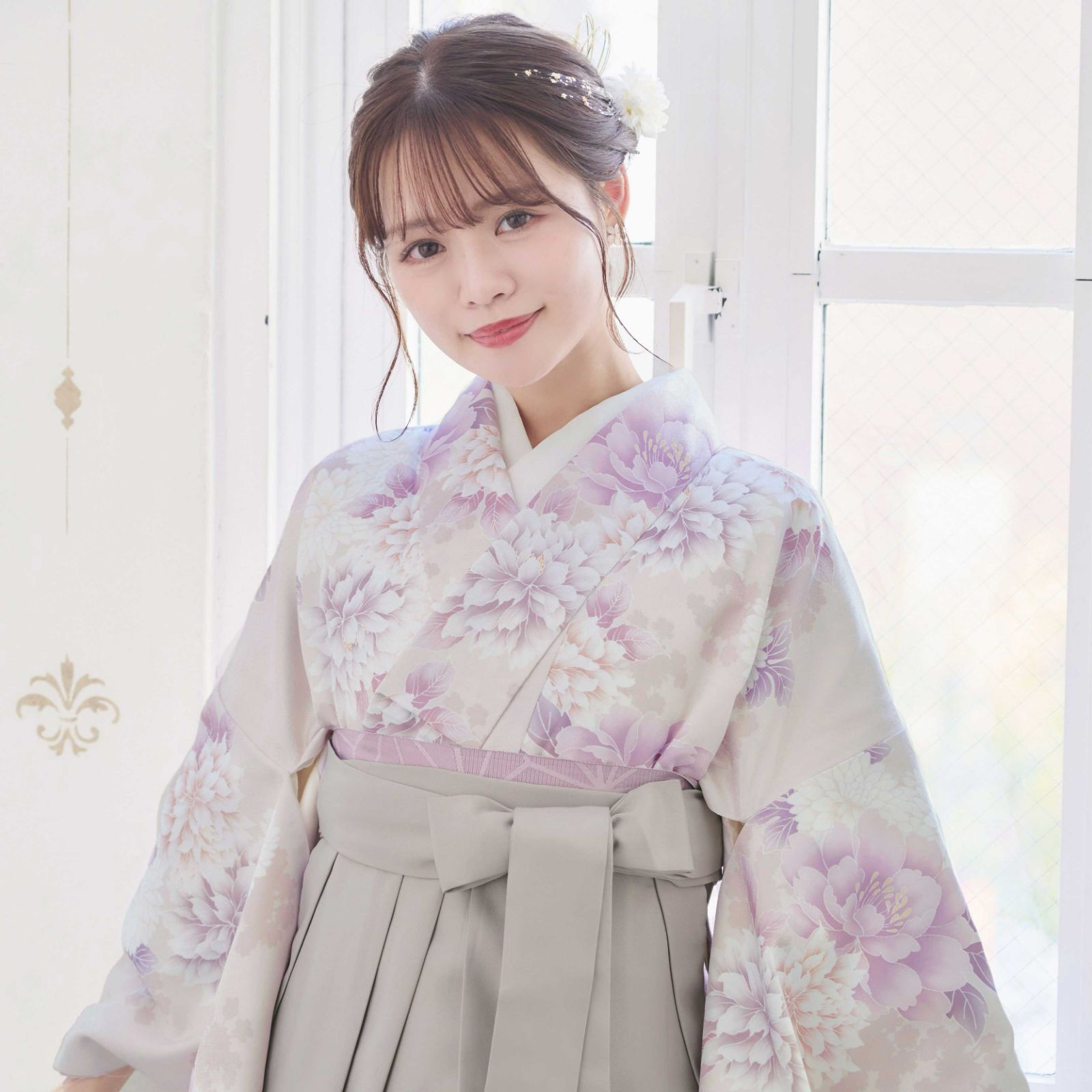 新品袴3点セット 卒業式 小学生 大学生 グレー ピンク 牡丹 80WH（新品  