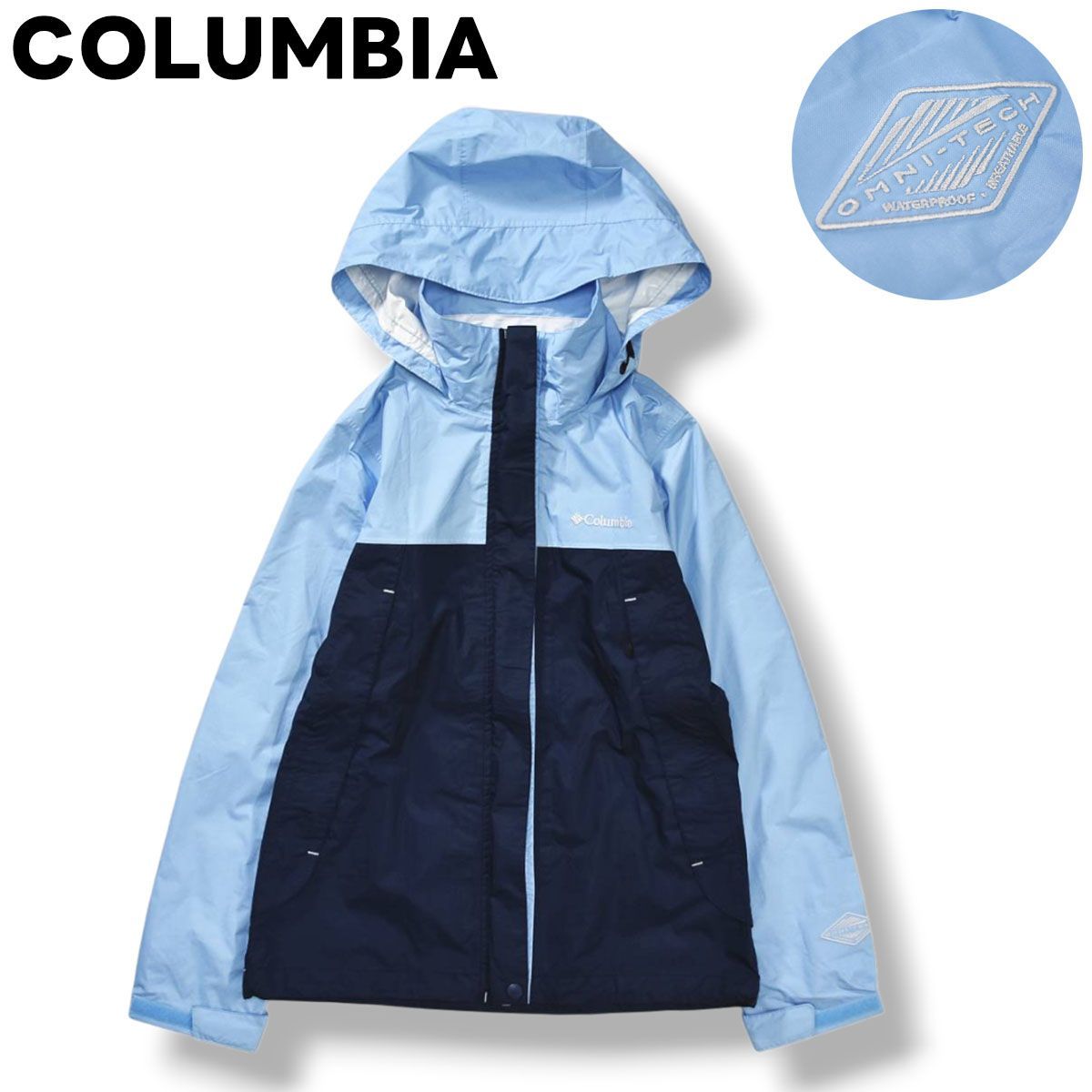 コロンビア COLUMBIA グラスバレー レイン ジャケット マウンテン パーカー ナイロン ジャンパー オムニテック OMNI－TECH S ライトブルー x ネイビー アウトドア ウェア レディース ♪