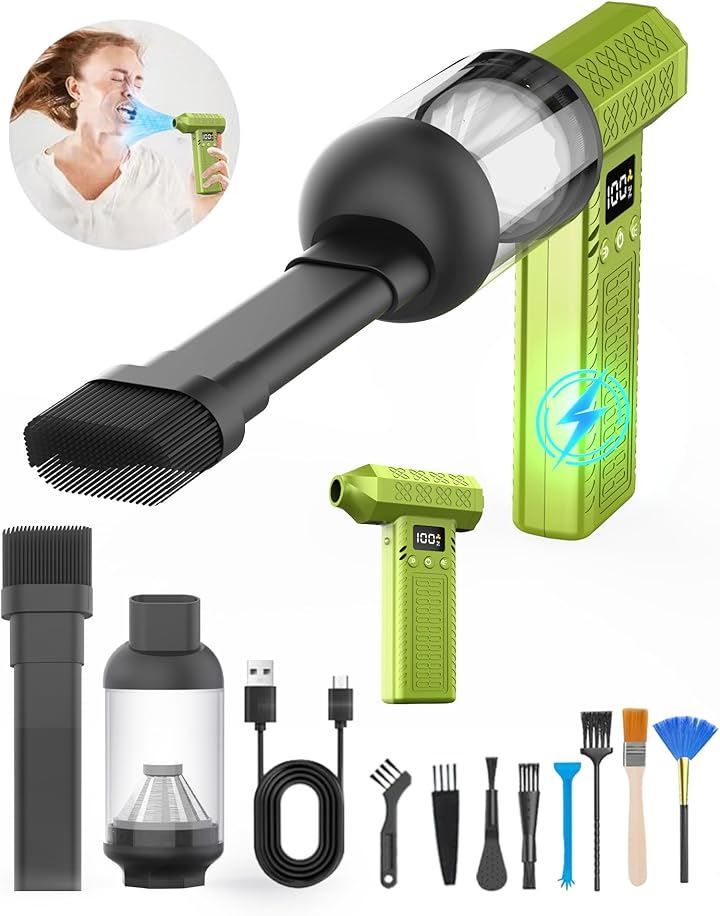 AHEHO 1台2役300000rpm電動エアダスター 15000paミニ掃除機 3段風量調整 世界トップレベル超強力 最大風速74m|s 小型 洗車ブロワー ハンディ掃除機 ２個LEDライト付き LCDディスプレイ搭載 急速充電式 ‎グリーン
