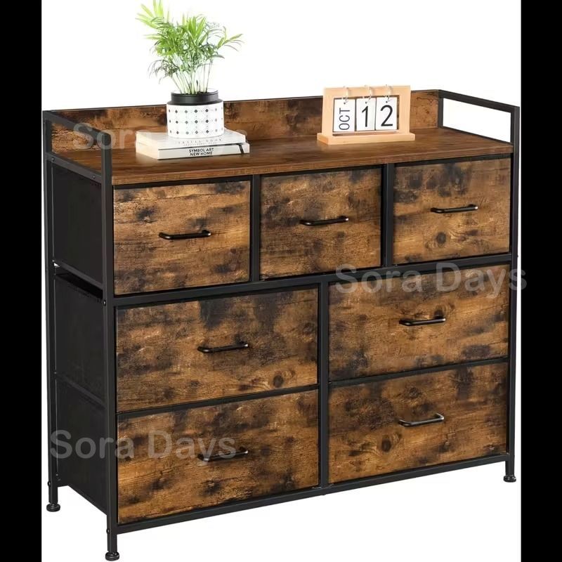 チェスト キャビネット タンス 木目調 ヴィンテージ風 ナチュラル おしゃれ シンプル インテリア 北欧 収納 ローチェスト 3段7杯 木製 布製引き出し 63×30×120cm NEXPOTALLINN_EU