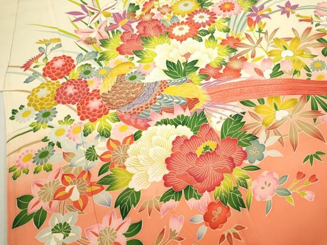 橙と水色の暈しに折り鶴、花丸文 3歳着物・長襦袢・お被布セット 橙と