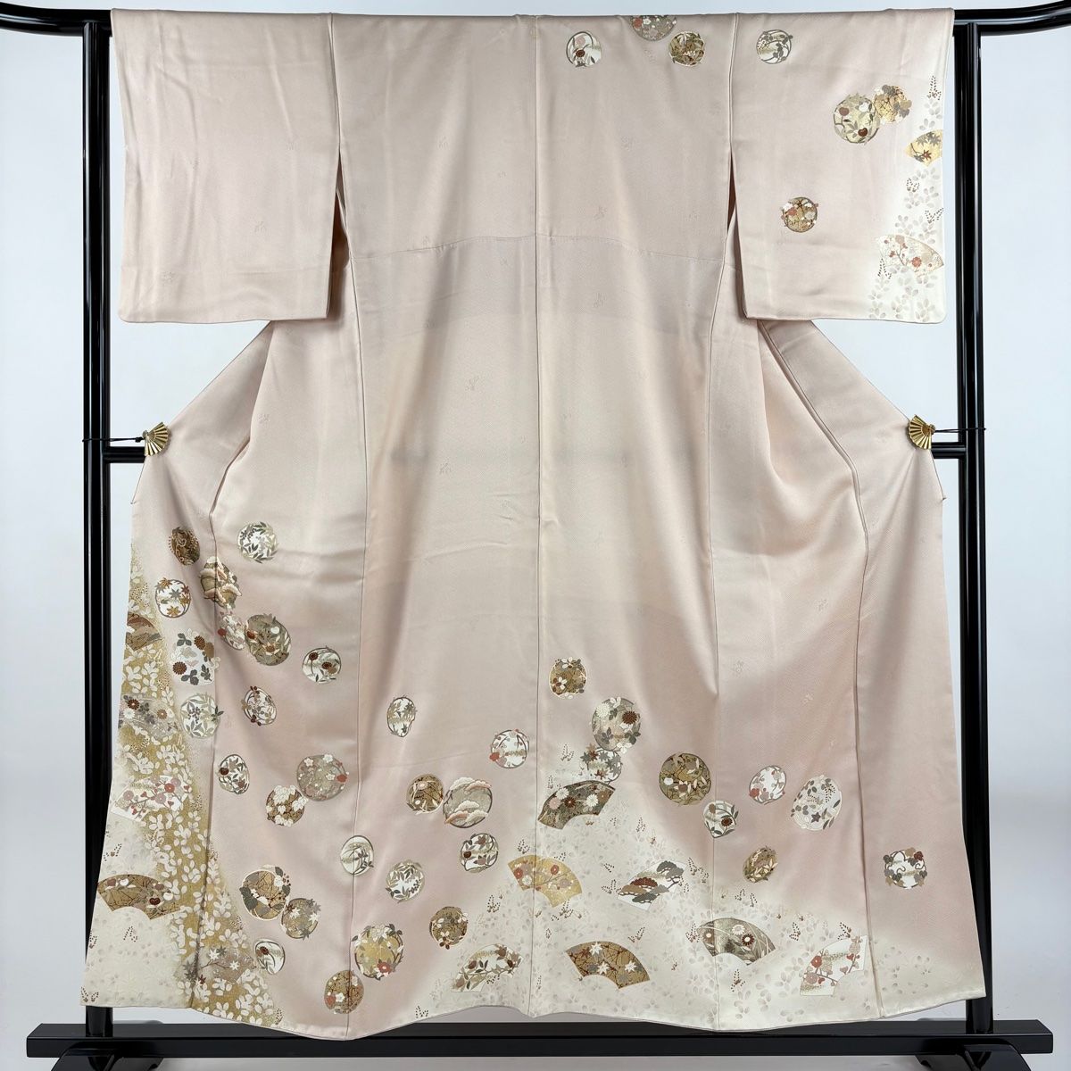 訪問着 身丈155cm 裄丈63.5cm S 袷 ますいわ屋 橘花 扇面 金糸 金彩 ピンク 正絹 名品 一つ紋