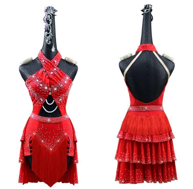 【社交ダンス衣装】レッド×豪華フリル yilinfeier ワンピース ドレス 楽天市場】社交ダンス 練習着 ドレス レース合わせ しわ加工