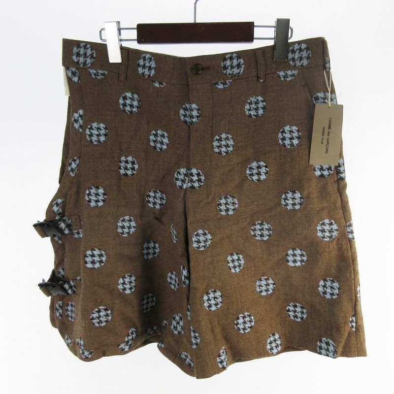 コムデギャルソンオムプリュス COMME des GARCONS HOMME PLUS ワイドショーツ ショートパンツ ハーフ サイドアジャスター 水玉柄 ドット PF-A005 ブラウン ブルー S ウール