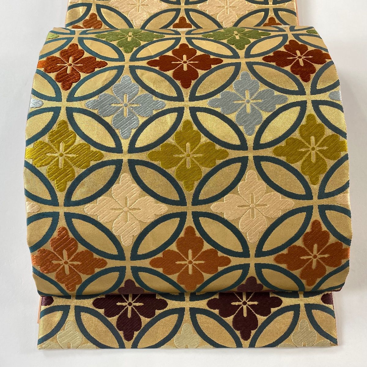 袋帯 秀品 若松華瑶謹織 七宝文 箔 唐織 金色 六通 正絹