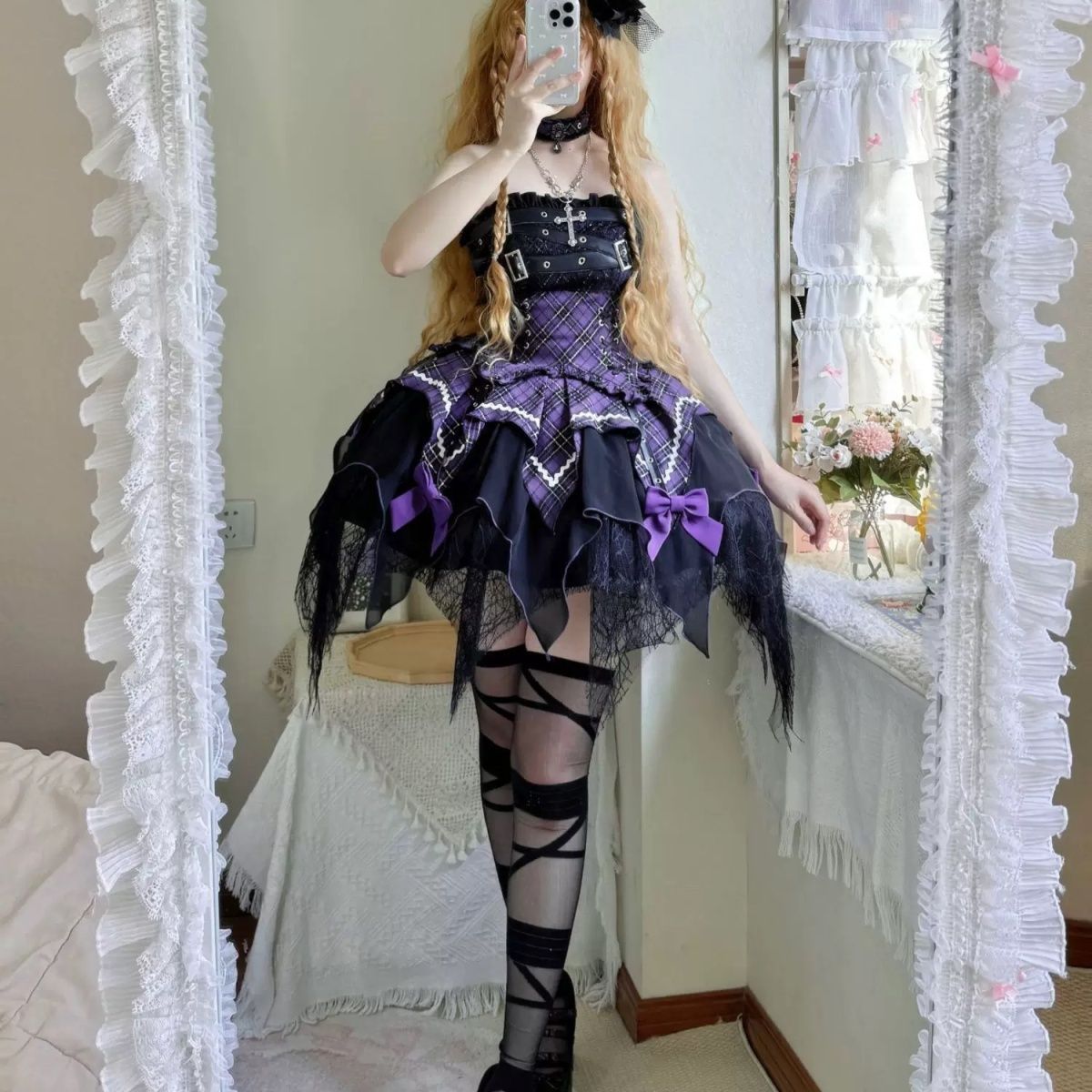 新品未使用 2024年秋冬発売 甜辣ロック風 アビゴスロックセットアップ 抹胸トップス+フレアスカート+チョーカー付き 撮影会 舞台演出 推し活 イベント用 大人レディース プレゼントにも最適