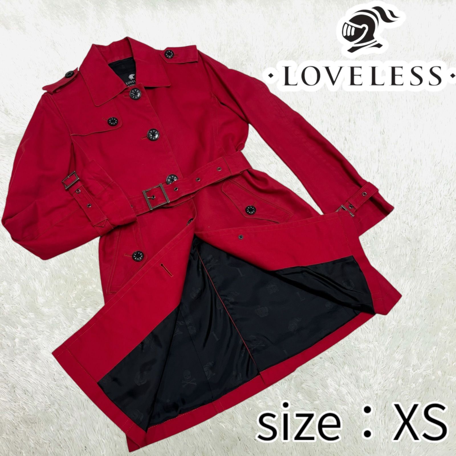 極美品 近年モデル LOVELESS ラブレス トレンチコート ハーフ丈 サイズ XS ベルト 三陽商会 ワインレッド ボルドー ロゴボタン  日本製