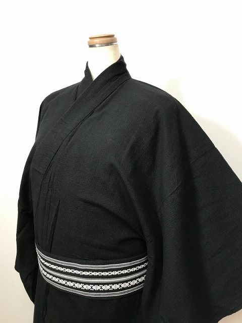 Lサイズ 男物 綿 浴衣 しじら織り黒無地