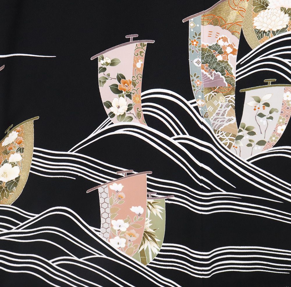 黒留袖 袷 正絹 帆船 桜 菊 松竹梅 SSサイズ 比翼仕立て ki29785