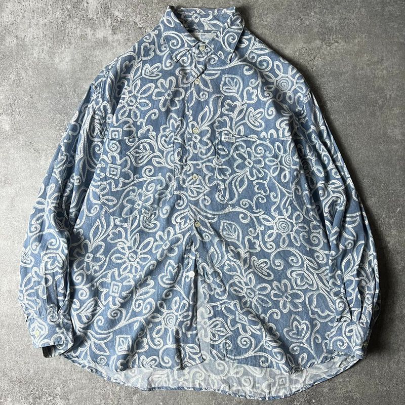 90's GUESS by Marciano 総柄シャツ ビンテージ 90s USA製 GUESS GEORGES MARCIANO 総柄 長袖 レーヨン シャツ M