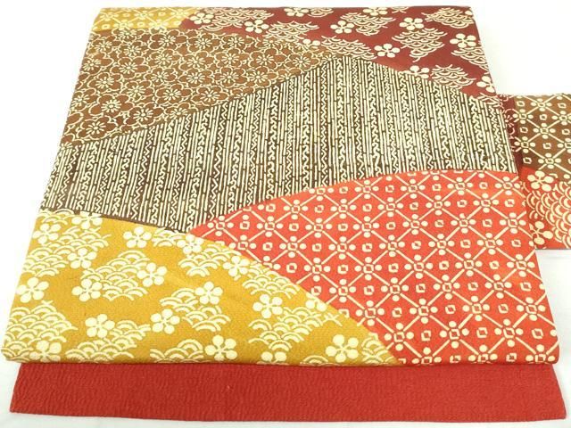 平和屋着物●全通柄九寸名古屋帯　型染め　鶴　亀　花唐草文　鬼しぼ縮緬　正絹　逸品　未使用　DAAV9086ob 平和屋着物◎九寸名古屋帯 型染 切嵌花文 鬼しぼ