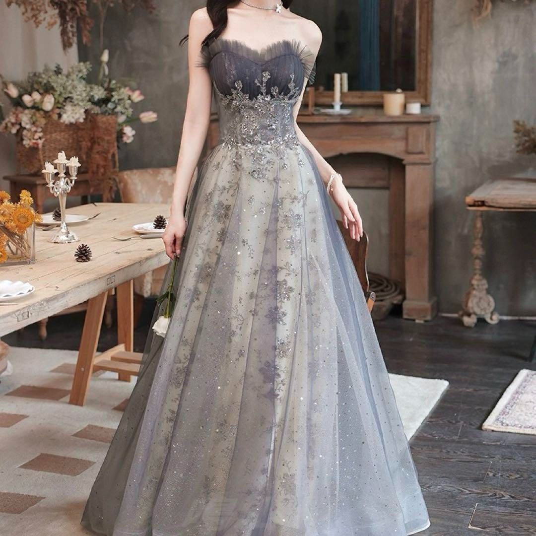 ベアとパフスリーブの2種類 お花柄イブニングドレス