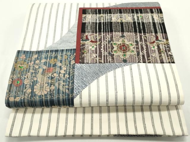 平和屋着物○両面 太鼓柄袋帯 玉蟲 紬地 絞り 駒刺繍 切嵌 色紙