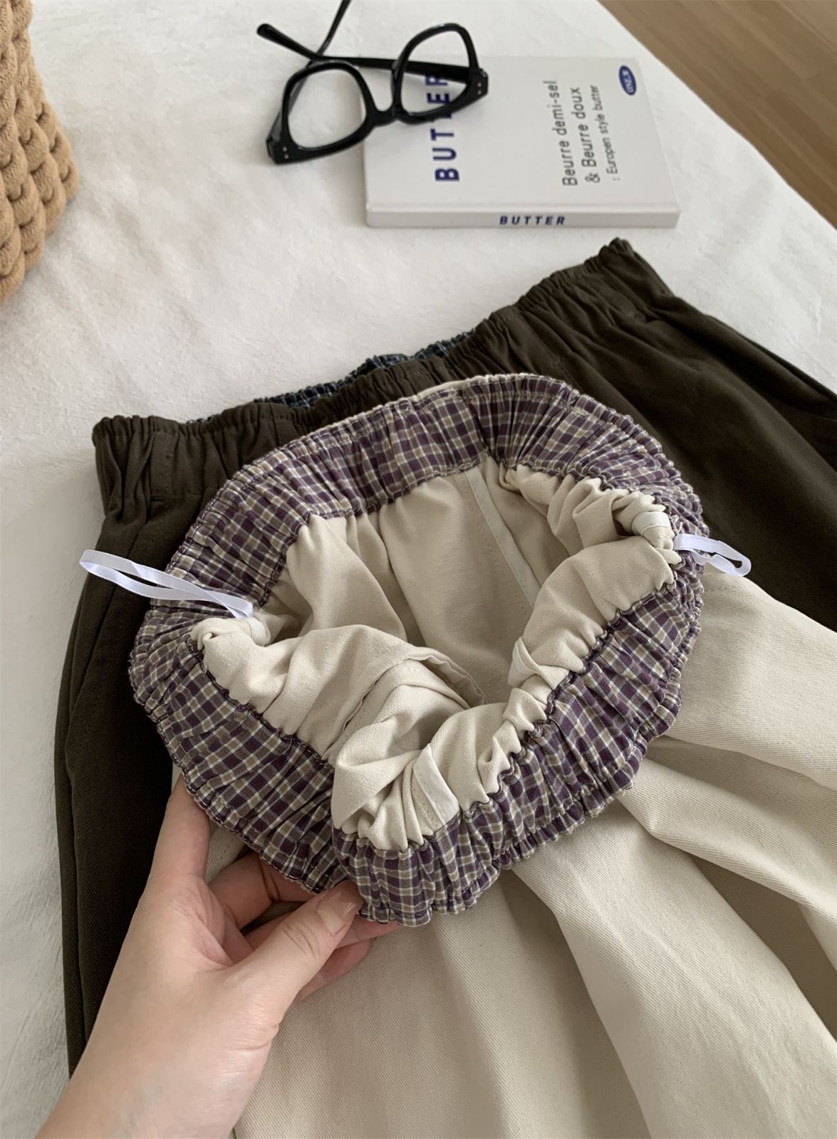 チャンス 秋冬 レディース ワイドパンツ 小柄向け 九分丈 格子柄 カーキグリーン ミルクベージュ レトロ 顔色映える 通気性