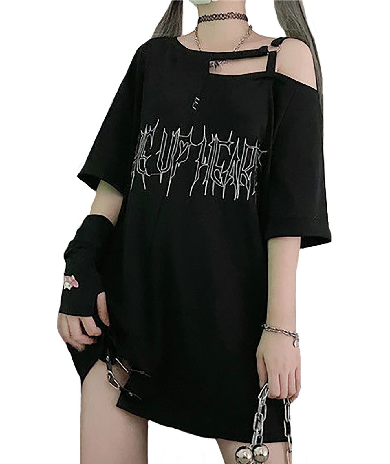 ゆったり サブカル系 地雷系 韓国系 原宿系 半袖Tシャツ ファッション 肩出し セクシー おしゃれ 服 病みかわいい トップス レディース Tシャツ 夏 [TOWYYO]