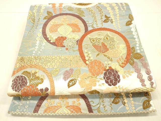 平和屋着物＊夏物　六通柄　京袋帯　唐織　檜扇草花丸文　銀糸　化繊　CAAW8930oy 平和屋着物＊夏物 六通柄 京袋帯 唐織 檜扇草花丸文 銀糸