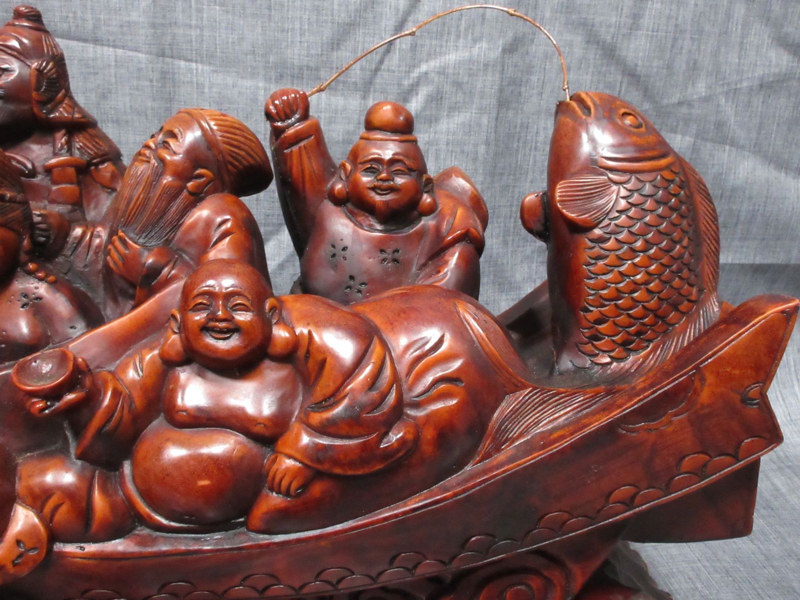 年代物七福神 宝船 木彫り 置物 - 置物 年代物七福神 宝船 木彫り 置物 - 置物