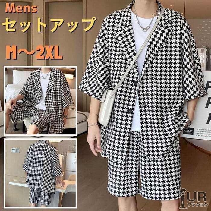 セットアップ メンズ 千鳥格子 半袖ジャケット ハーフパンツ 夏