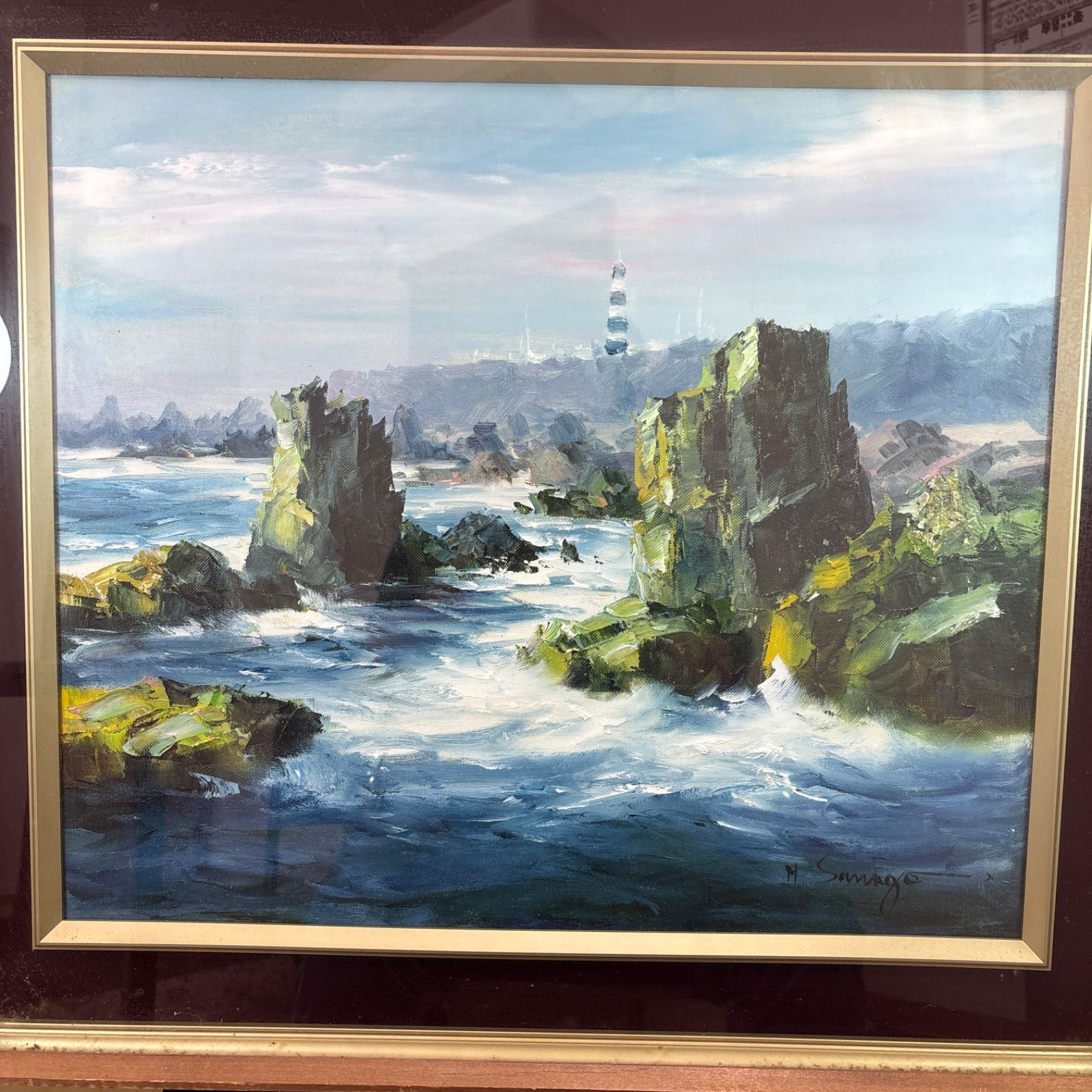 湖と木々の風景 油彩画 約縦65cm 約横75cm フレームはゴールド色 木製 海の風景 油彩画 フレーム - メルカリ