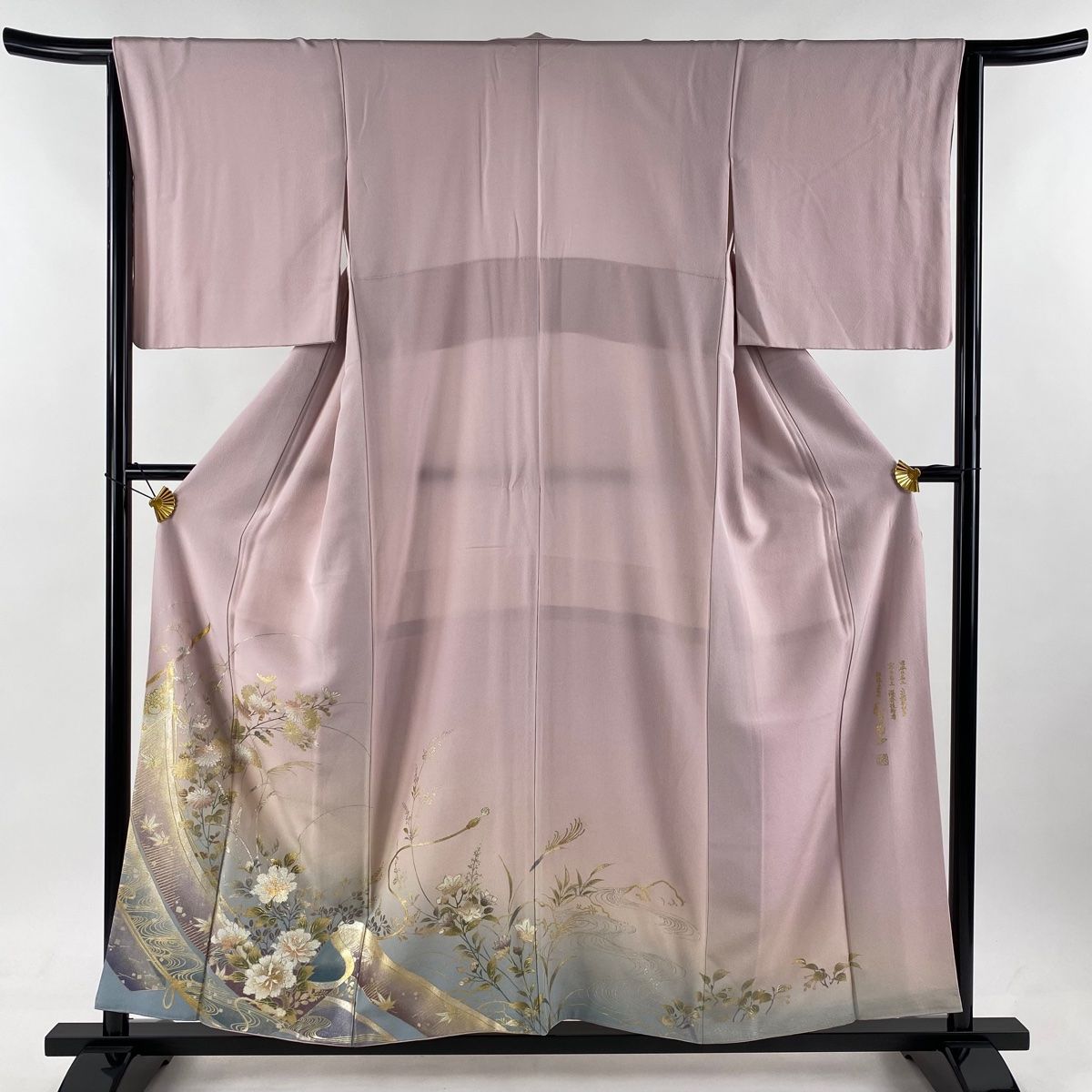 色留袖 身丈156cm 裄丈65cm M 袷 和田光正 落款 几帳 草花 金銀彩 ラメ  