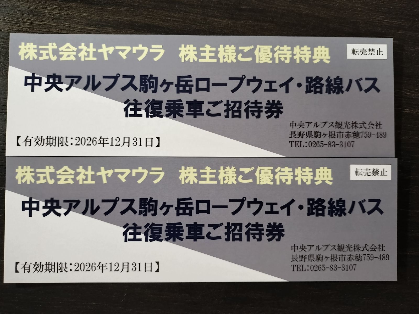 ヤマウラ 2枚 株主優待券 中央アルプス 駒ヶ岳ロープウェイ 路線バス  