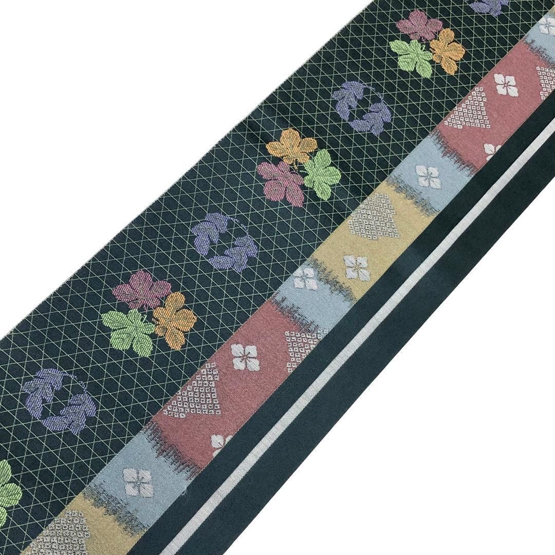 ☆ 半幅帯 リバーシブル 本草木染 縦柄花草模様 長尺 青墨色 D-2068 半幅帯 リバーシブル 本草木染 縦柄花草模様 長尺 青墨色 D-2068