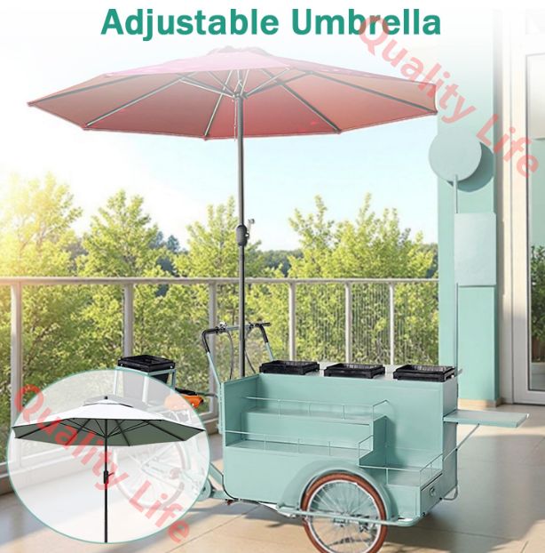 屋外用フラワーディスプレイカート 傘付きフラワーベンダーキオスク モバイル三輪車ベンダーワゴン 3層大容量ディスプレイスタンド スナック ドリンク アイスクリーム ショップ用 BRIGHTFACE_UK