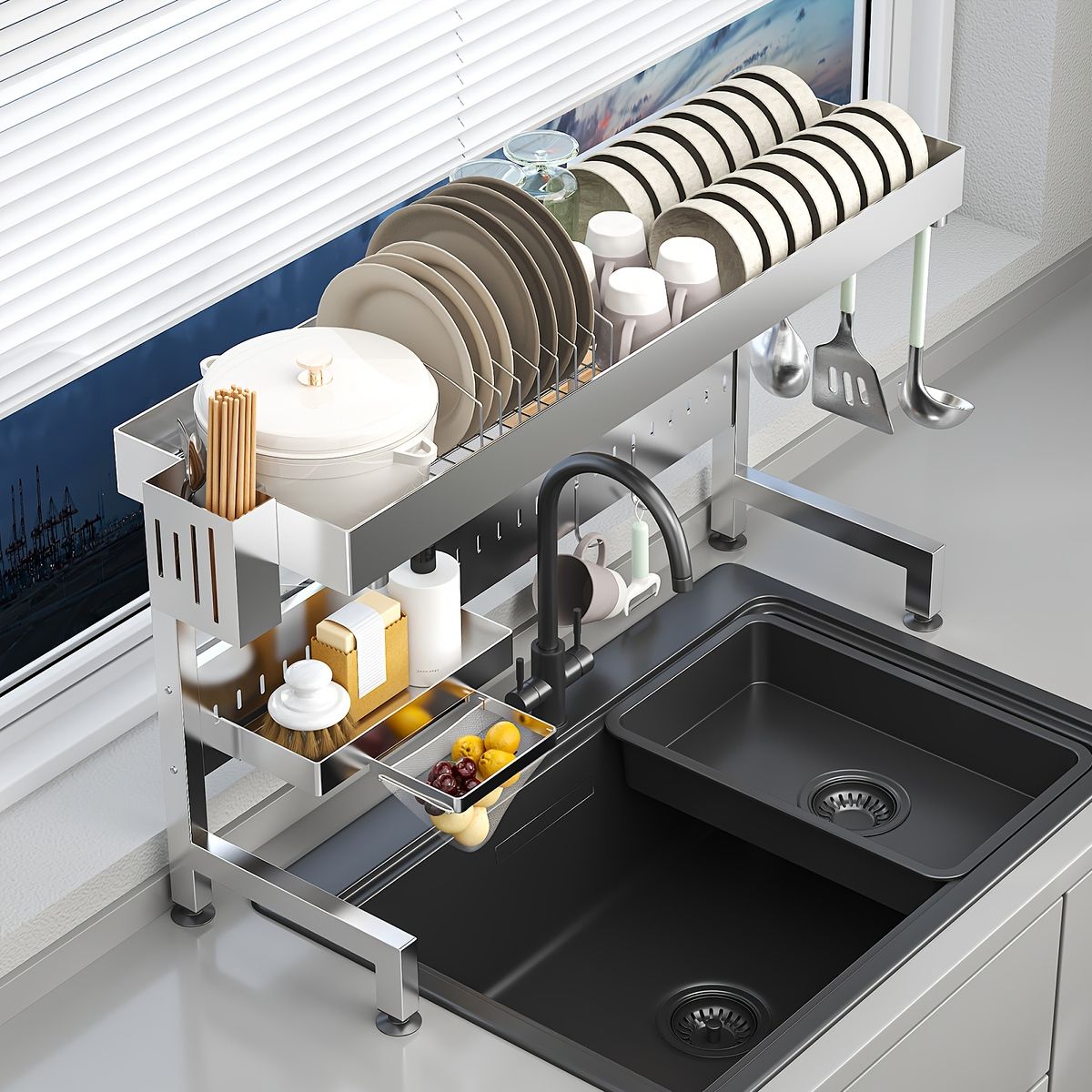  シンク上を有効活用 伸縮式ステンレス製食器ラック ラージ キッチンラック キッチン収納 ラック