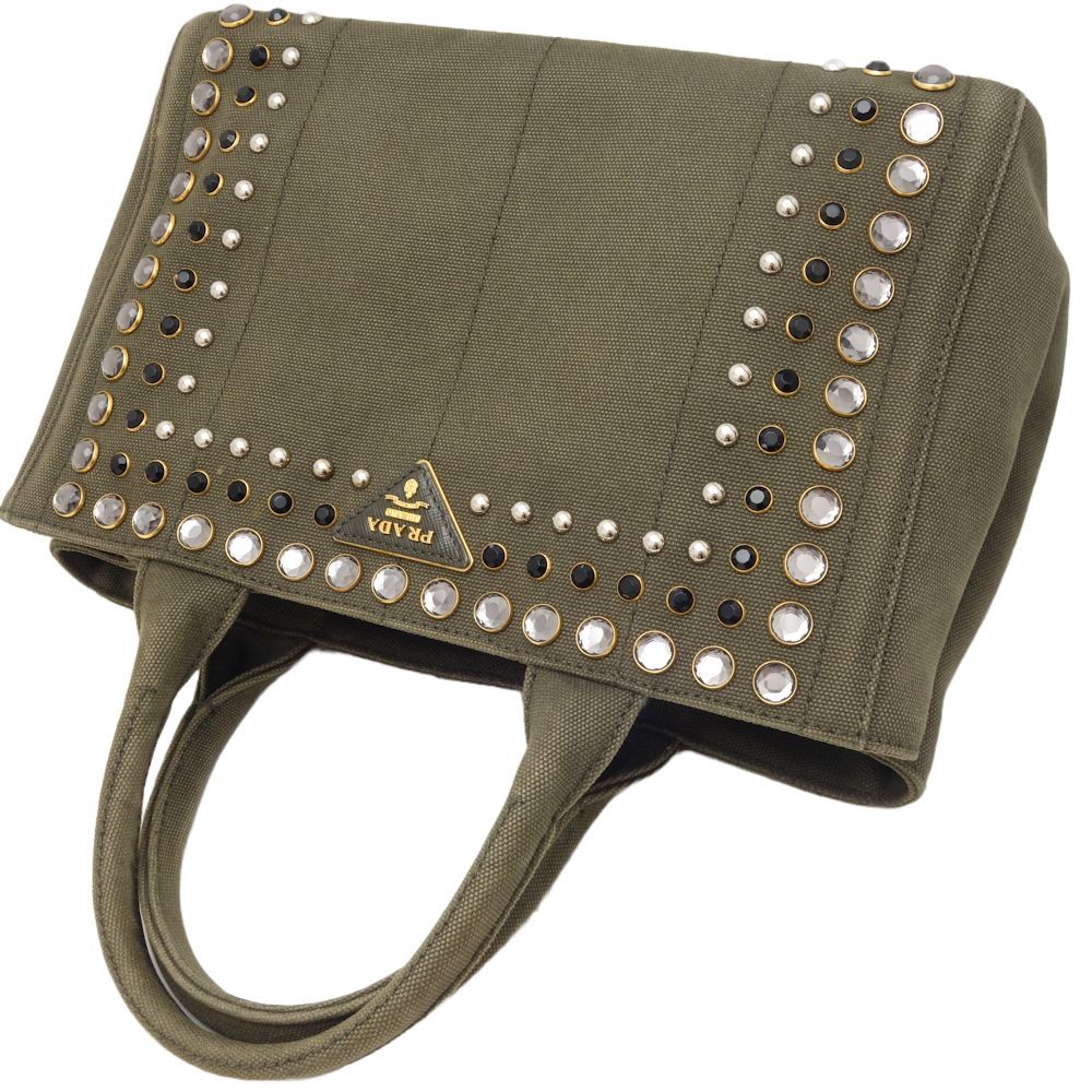 プラダ PRADA カナパ ビジュー トートバッグ キャンバス カーキ