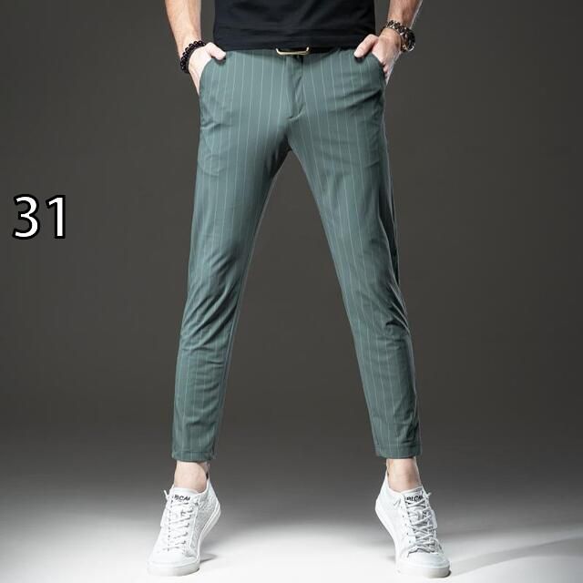 31 メンズ ファッション 服 オシャレ シンプル 大人 かっこいい 大きいサイズ ストリート 紳士服 夏 九分丈 パンツ 薄手 伸縮性 ストレッチ ストレッチ ビジネス スリムフィット ストライプ カジュアル