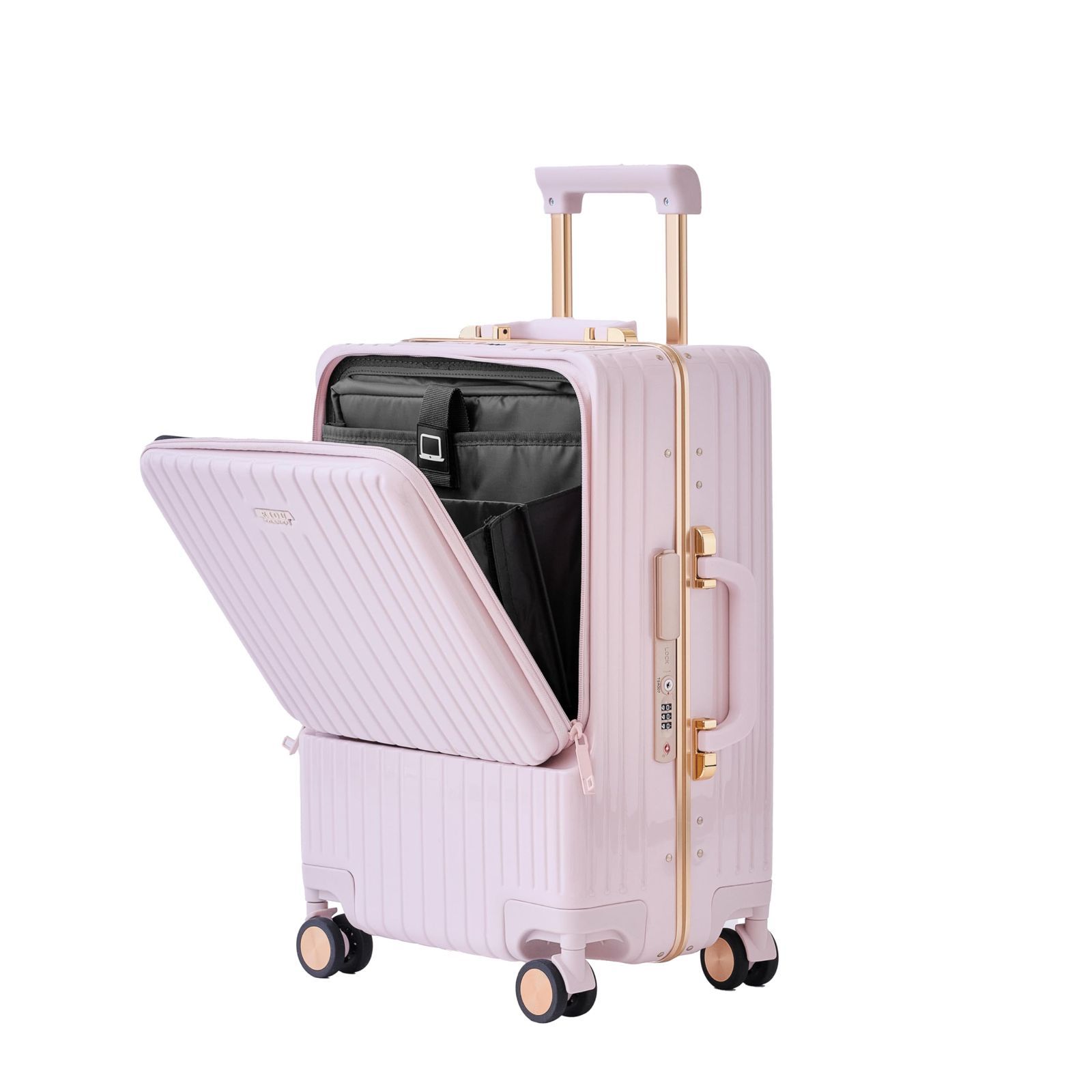 色: ピンク】RIOUスーツケース フロントオープン 機内持込 アルミフレーム-