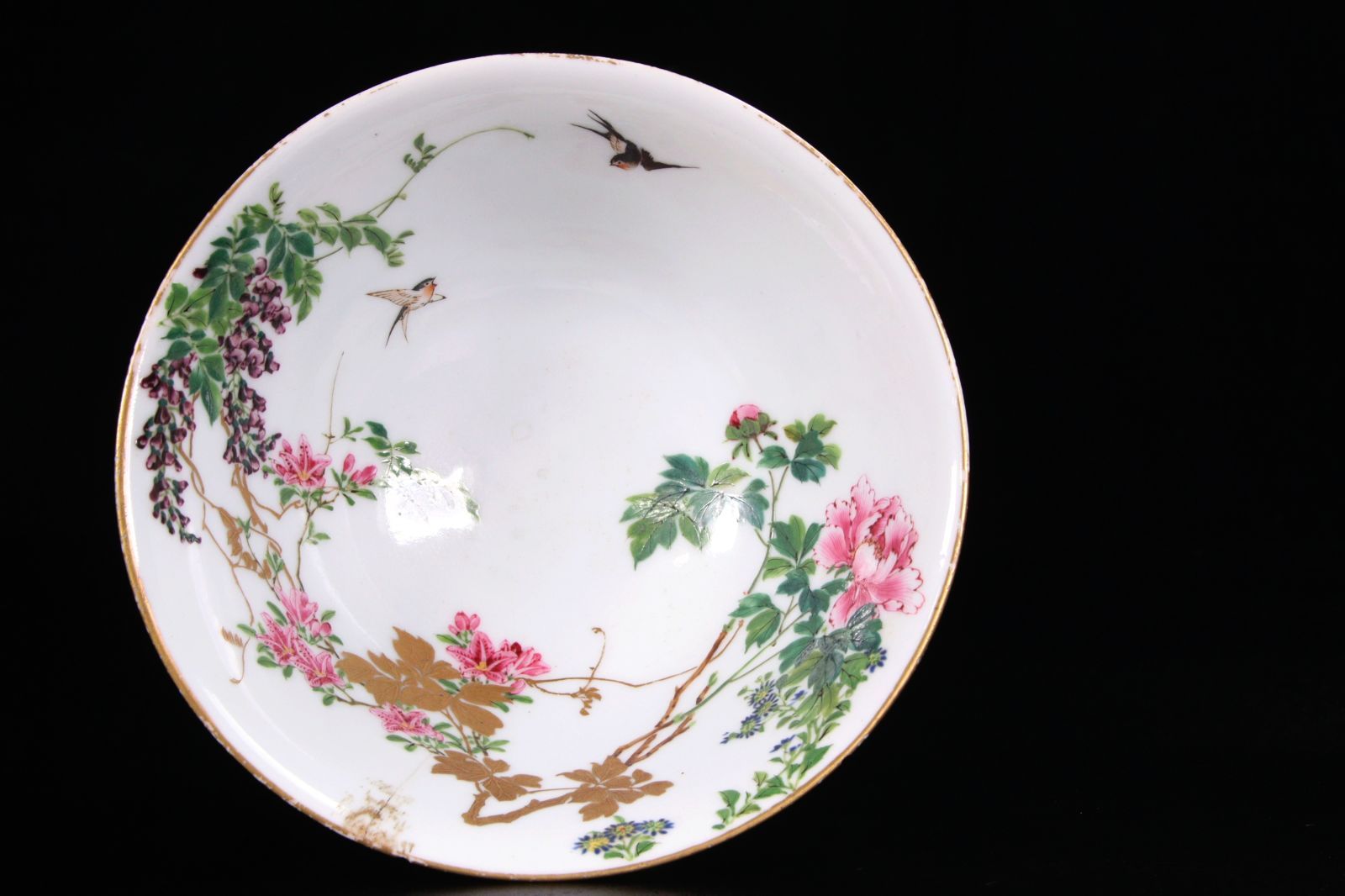 大日本清風造 清風与平作 色絵金彩花鳥文鉢 15cm 丼 唐物骨董 楾 G231